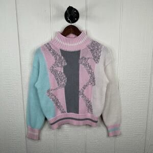 Vintage 80's Pastel Knit Chunky Mock Neck Sweater Small